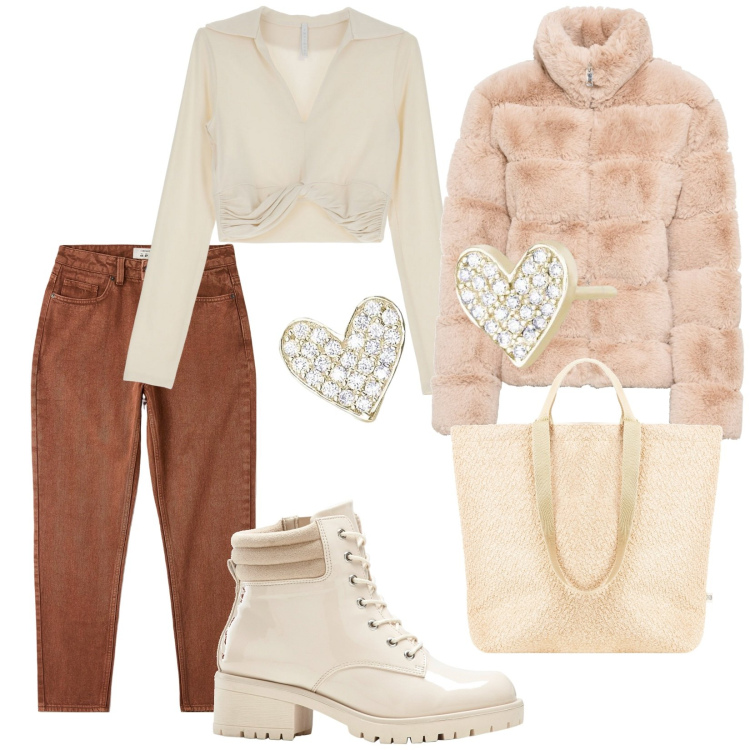 Outfit donna - Total look #1811515. Stile Urban per Tutti i giorni. Abbinamento con ecopellicce, stivaletti, jeans mom, orecchini, borse tote, maglieria.
