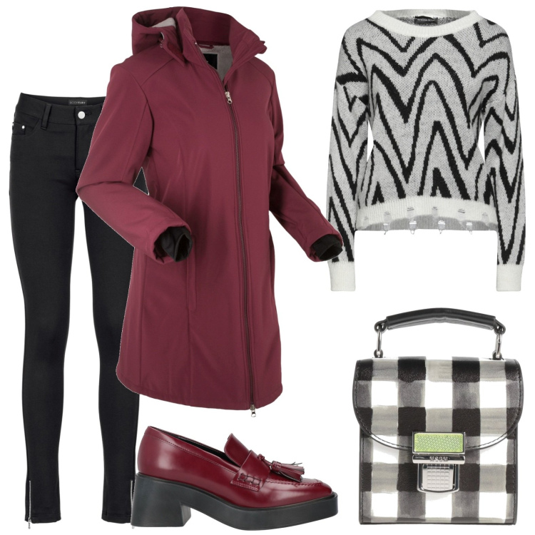 Outfit donna - Giaccone rosso scuro. Stile Casual per Tutti i giorni. Abbinamento con blazer, pantaloni, pullovers, mocassini, borse a mano.