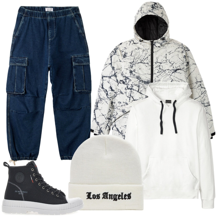 Outfit uomo - Jeans balloon e sneakers. Stile Biker Rock per Tutti i giorni. Abbinamento con felpe con cappuccio, cappelli con visiera, jeans, giacche, sneakers.