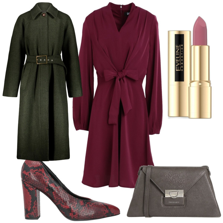 Outfit donna - Total look #1811542. Stile Trendy per Tutti i giorni. Abbinamento con borse a tracolla, vestiti midi/longuette, décolleté, rossetti, cappotti.