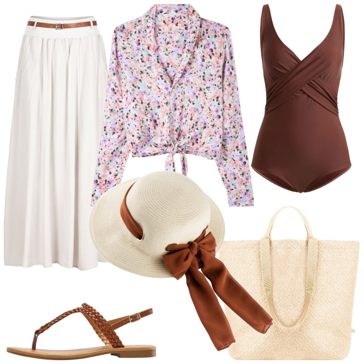 Outfit donna - Anni 70 Bon ton. Stile Casual chic per Mare. Abbinamento con gonne lunghe, cappelli, ciabatte, costumi interi, camicie, borse tote.