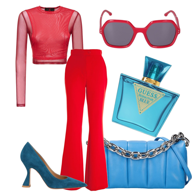 Outfit donna - glamour in rosso e turchese. Stile Glamour per Tutti i giorni. Abbinamento con scarpe col tacco, profumi, pantaloni, top, borse a spalla, occhiali da sole.