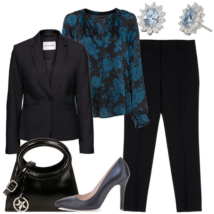 Outfit donna - Chic. Stile Chic per Tutti i giorni. Abbinamento con blazer, tuniche, orecchini, pantaloni, borse a spalla, décolleté.