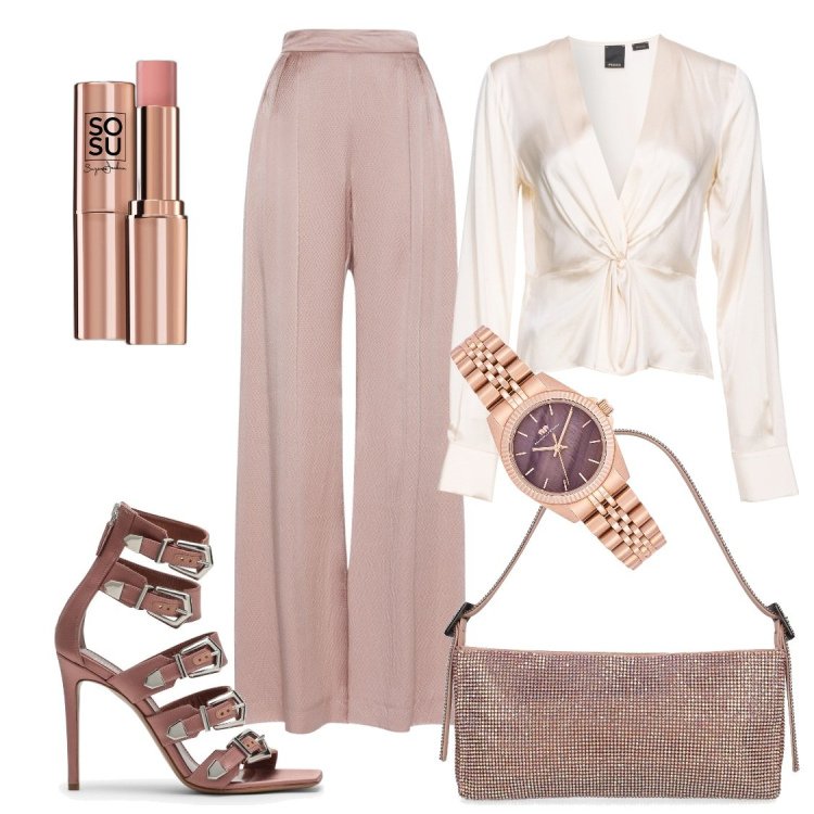 Outfit donna - Cerimonia nel chiostro. Stile Glamour per Cerimonia. Abbinamento con orologi, blush, bluse, pantaloni, sandali col tacco, borse a spalla.