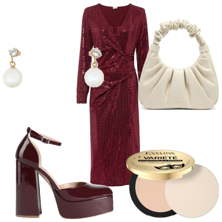 Outfit donna - Total look #1811574. Stile Chic per Serata fuori. Abbinamento con vestiti, orecchini, décolleté, ciprie, borse a mano.