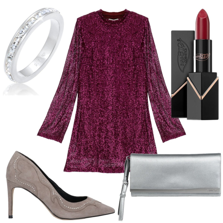 Outfit donna - Total look #1811589. Stile Trendy per Serata fuori. Abbinamento con décolleté, borse a mano, anelli, rossetti, vestiti corti.