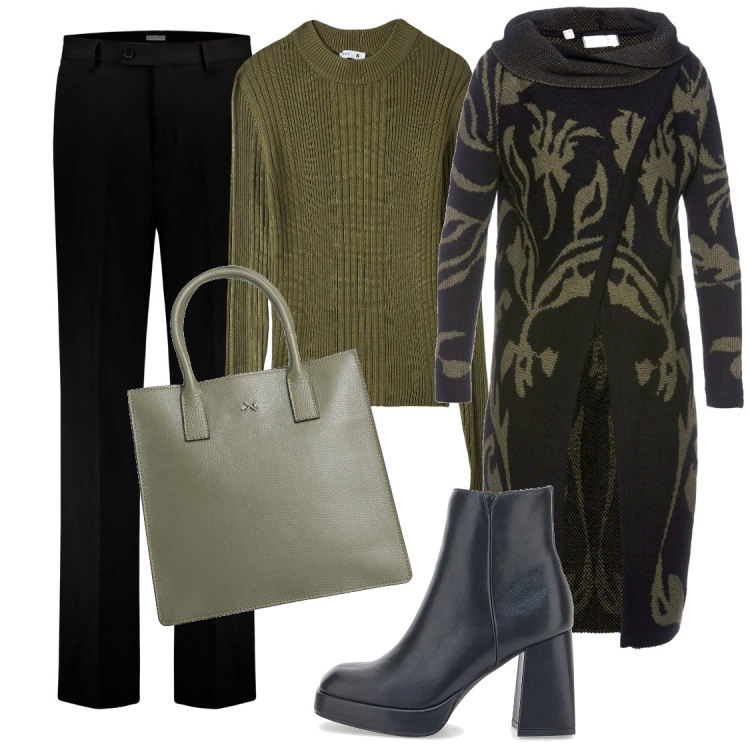 Outfit donna - Il cardigan lungo come cappotto. Stile Casual chic per Ufficio. Abbinamento con cardigans, borse a mano, maglieria, stivaletti, pantaloni.