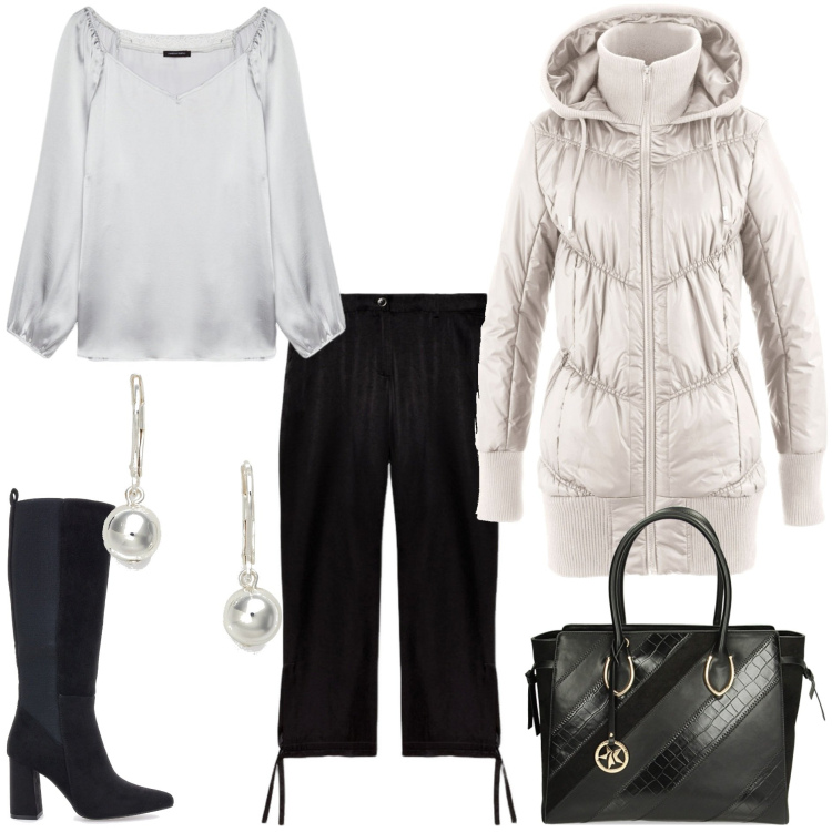 Outfit donna - Every day. Stile Sporty chic per Tutti i giorni. Abbinamento con cappotti, borse a spalla, orecchini, bluse, pantaloni a palazzo, stivali.