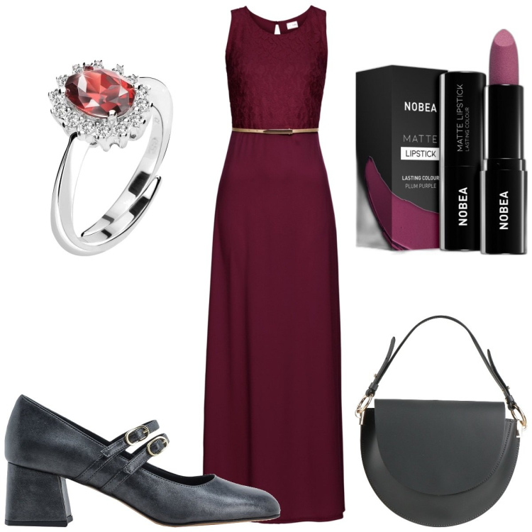 Outfit donna - Total look #1811603. Stile Trendy per Serata fuori. Abbinamento con vestiti lunghi, décolleté, anelli, borse a mano, rossetti.