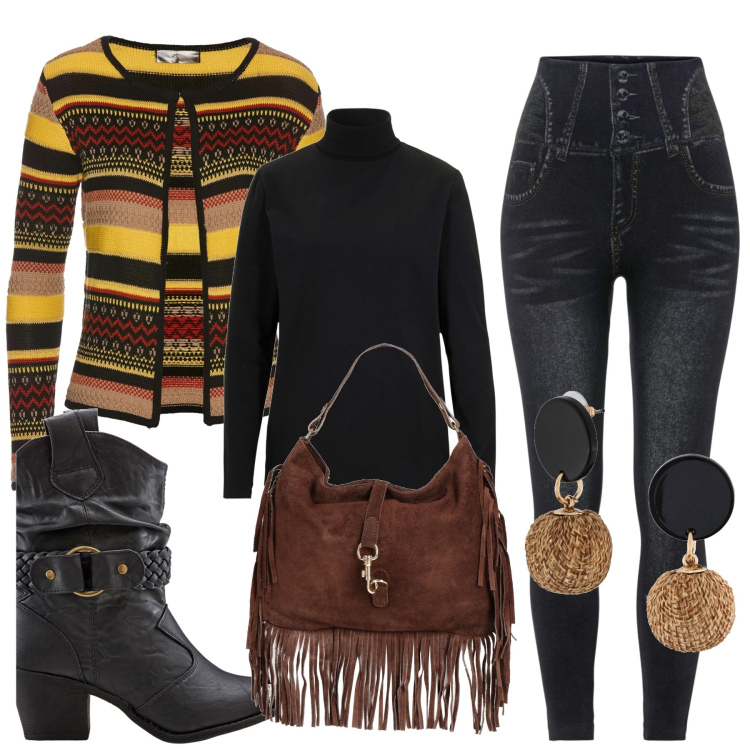 Outfit donna - Total look #1811604. Stile Boho per Tutti i giorni. Abbinamento con jeggings, orecchini, cardigans, maglieria, stivaletti texani, borse a mano.