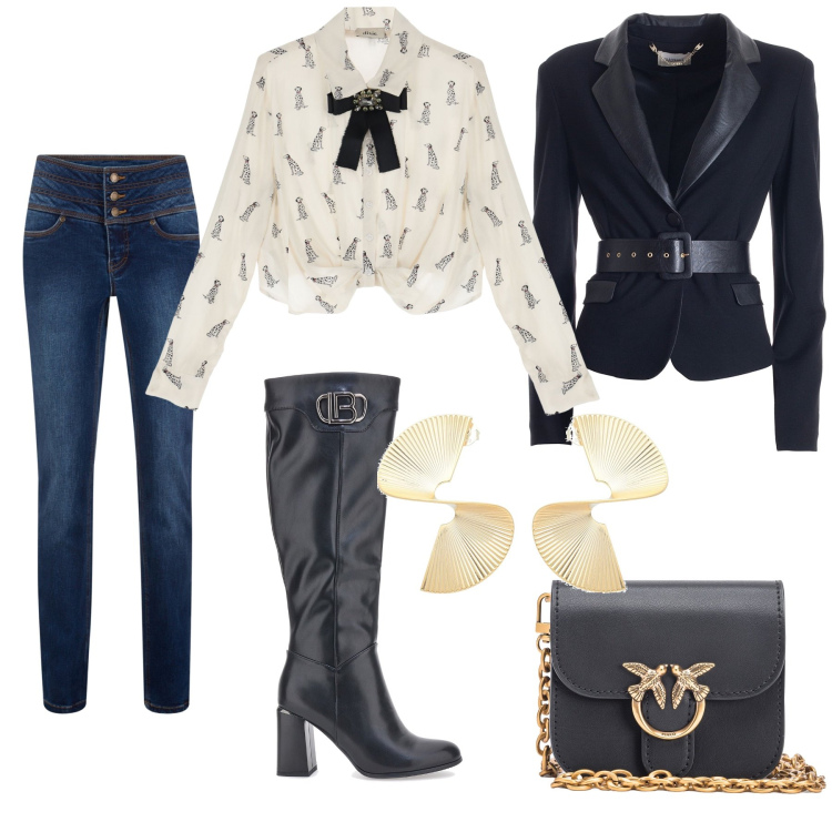 Outfit donna - Look at me, please!. Stile Casual chic per Tutti i giorni. Abbinamento con borse a tracolla, blazer, camicie, orecchini, stivali, jeans slim fit.