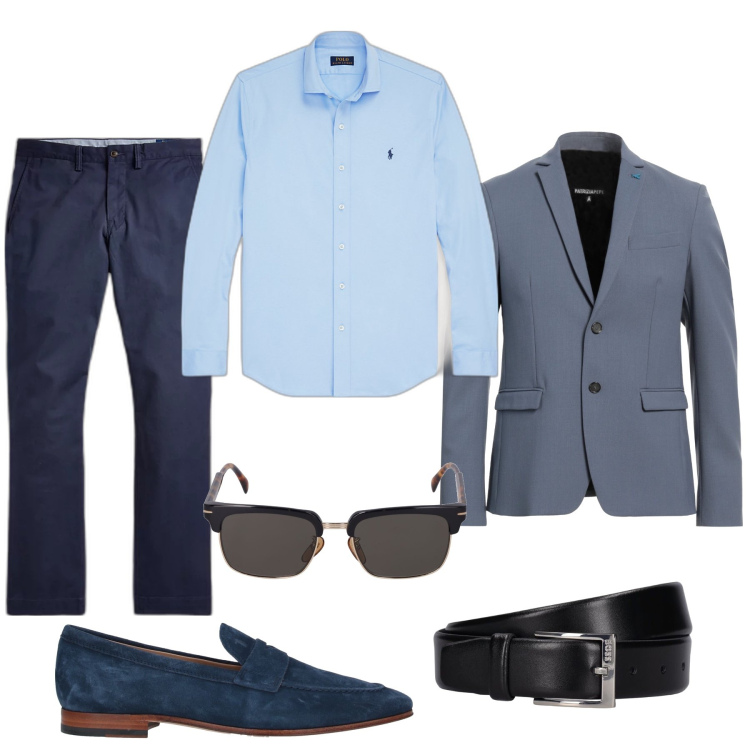 Outfit uomo - Indimenticabile. Stile Business/Elegante per Serata speciale. Abbinamento con giacche, scarpe stringate, pantaloni, camicie, cinture, occhiali da sole.