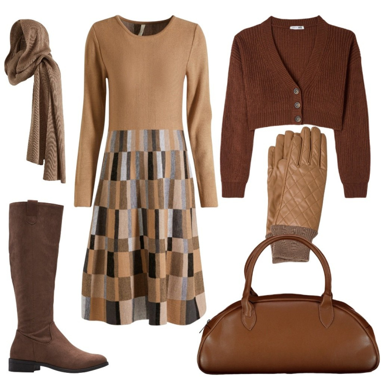 Outfit donna - Fiorella: vestito in maglia.. Stile Casual per Tutti i giorni. Abbinamento con vestiti, stivali, sciarpe, cardigans, guanti, borse a spalla.