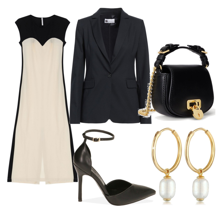 Outfit donna - Elegante formalità. Stile Chic per Ufficio. Abbinamento con vestiti midi/longuette, décolleté, borse a tracolla, blazer, orecchini.