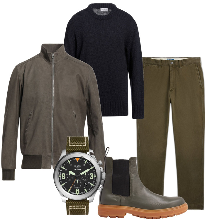 Outfit uomo - Inverno muschio. Stile Urban per Tutti i giorni. Abbinamento con stivali e stivaletti, bomber, pullovers, orologi, pantaloni.
