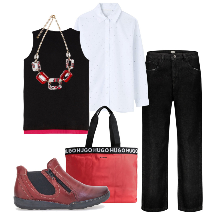 Outfit donna - Inverno. Stile Bon Ton per Ufficio. Abbinamento con borse a mano, collane, canottiere, jeans, scarpe stringate, camicie.