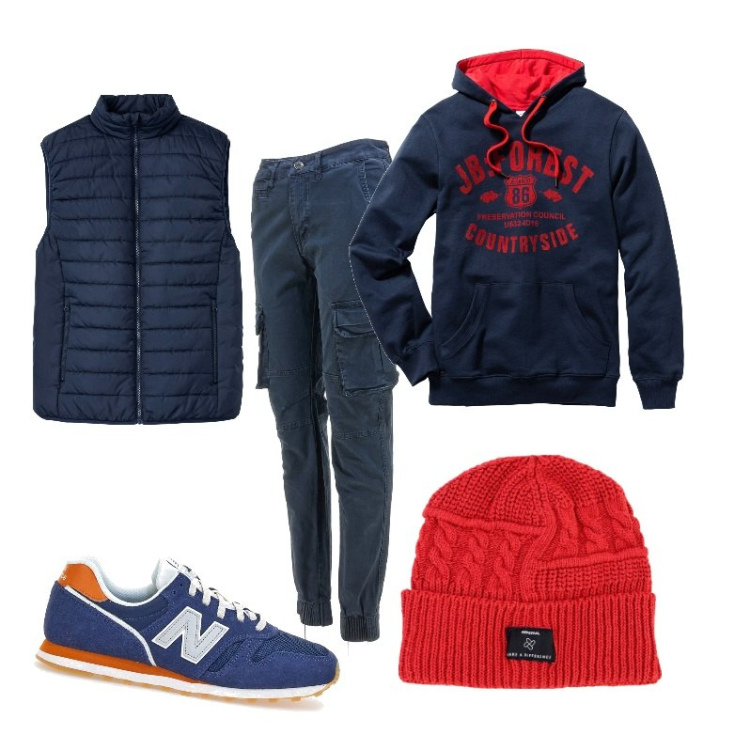 Outfit uomo - Total look #1811653. Stile Casual per Tutti i giorni. Abbinamento con felpe con cappuccio, gilet, berretti, sneakers, pantaloni cargo.