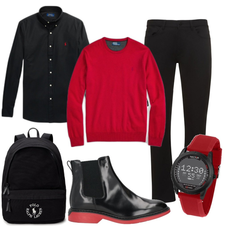 Outfit uomo - Roberto: il suo bicolore.. Stile Casual per Ufficio. Abbinamento con orologi digitali, stivali e stivaletti, camicie, borse sportive, maglieria, pantaloni.