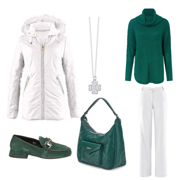Outfit donna - Bianco e verde. Abbinamento con pantaloni, maglieria, giacche, collane, mocassini, borse a spalla.