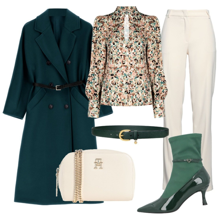 Outfit donna - Verde e panna combinazione chic. Stile Glamour per Serata fuori. Abbinamento con pantaloni, stivaletti, borse a tracolla, bluse, cappotti, cinture.