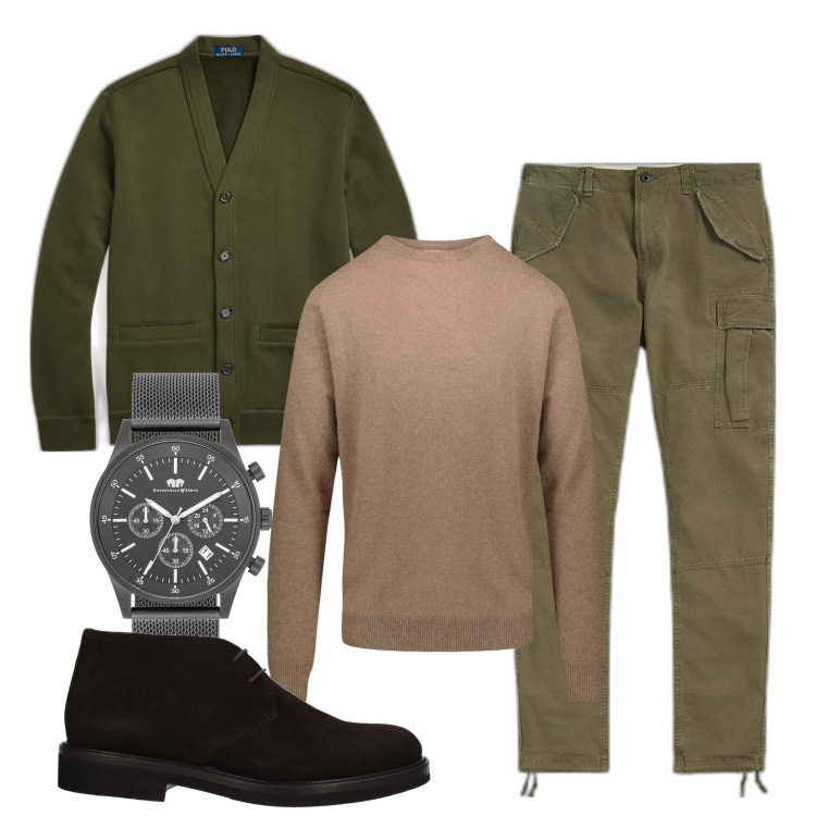 Outfit uomo - Inverno oliva. Stile Urban per Tutti i giorni. Abbinamento con stivali e stivaletti, orologi, pantaloni cargo, cardigans, maglieria.