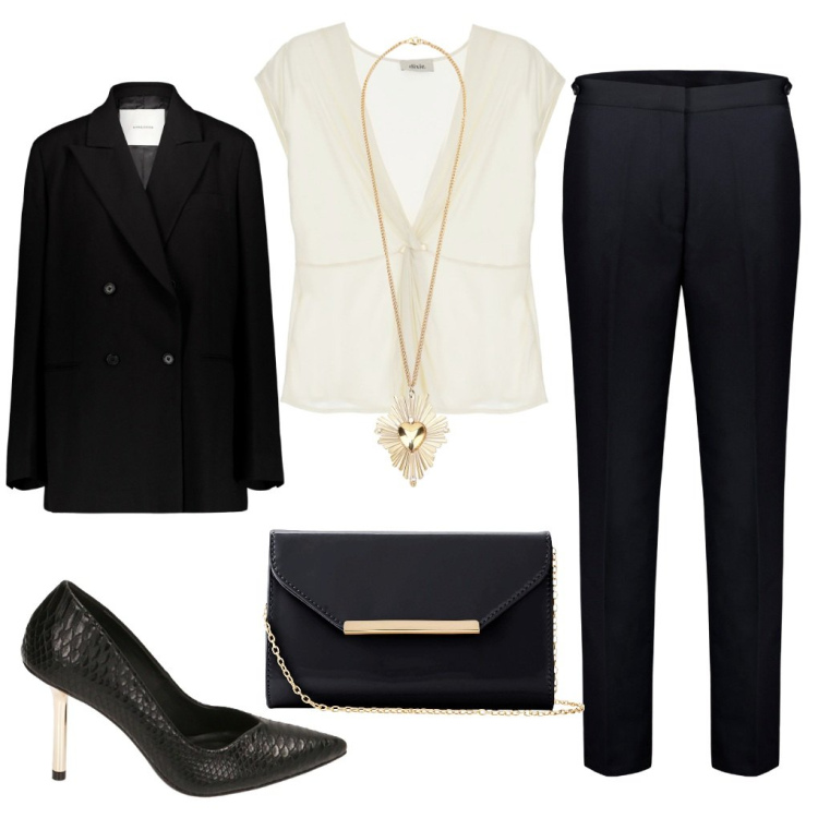 Outfit donna - Marianna: perfetta & low cost.. Stile Chic per Serata fuori. Abbinamento con pochette, décolleté, canottiere, ciondoli, pantaloni, blazer.