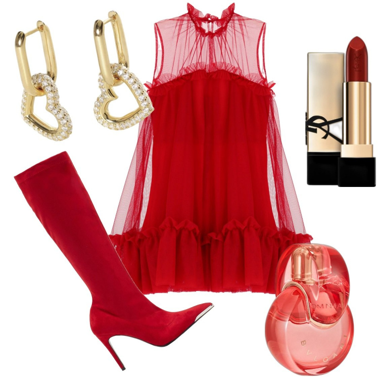 Outfit donna - San Valentino chez moi. Stile Sexy per Serata fuori. Abbinamento con rossetti, profumi, stivali, orecchini, vestiti corti.