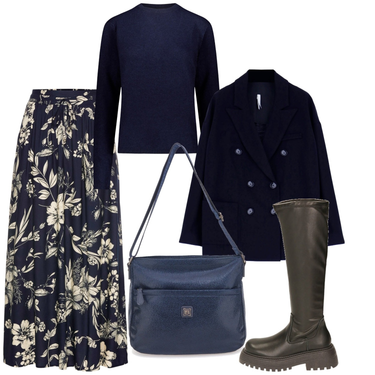 Outfit donna - Inverno blu. Stile Bon Ton per Tutti i giorni. Abbinamento con gonne lunghe, blazer, stivali sopra il ginocchio, maglieria, borse a tracolla.