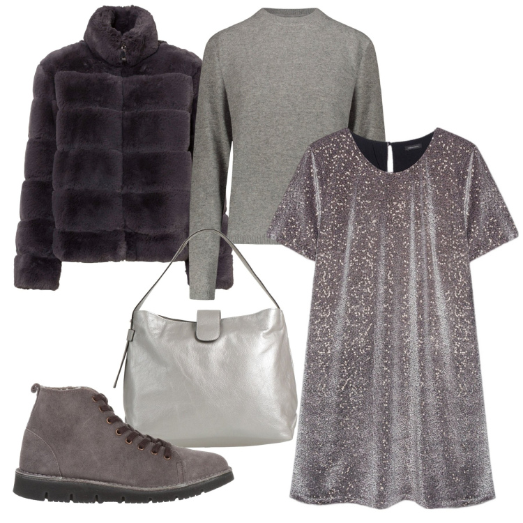Outfit donna - Inverno fusion. Stile Urban per Serata fuori. Abbinamento con ecopellicce, stivaletti, borse a mano, vestiti, pullovers.