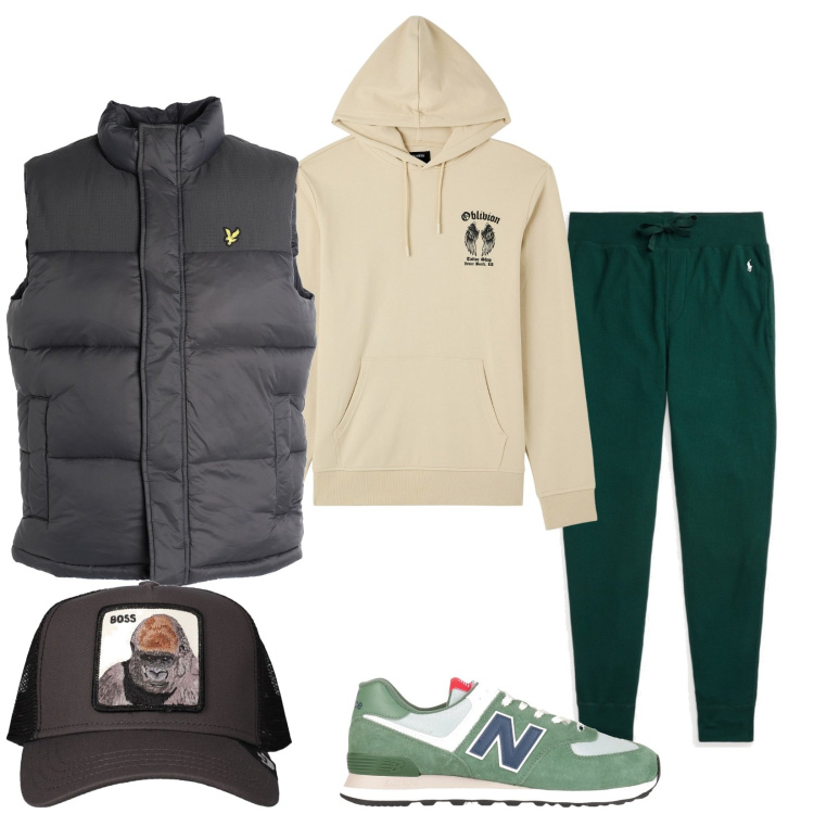 Outfit uomo - Total look #1811823. Stile Casual per Tutti i giorni. Abbinamento con sneakers, piumini, felpe con cappuccio, pantaloni, cappelli.