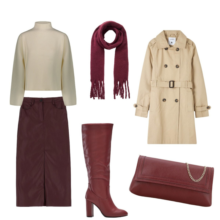 Outfit donna - In trench per la città. Stile Casual chic per Tutti i giorni. Abbinamento con stivali sopra il ginocchio, trench, sciarpe, gonne longuette, pochette, maglieria.