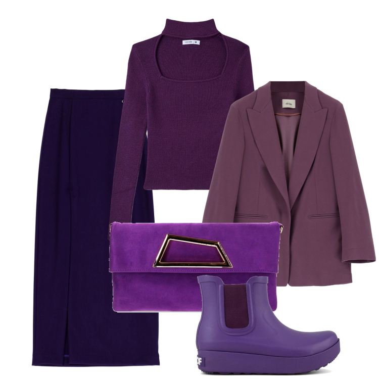 Outfit donna - Inverno viola. Stile Urban per Tutti i giorni. Abbinamento con maglieria, pochette, gonne lunghe, cappotti, stivali.