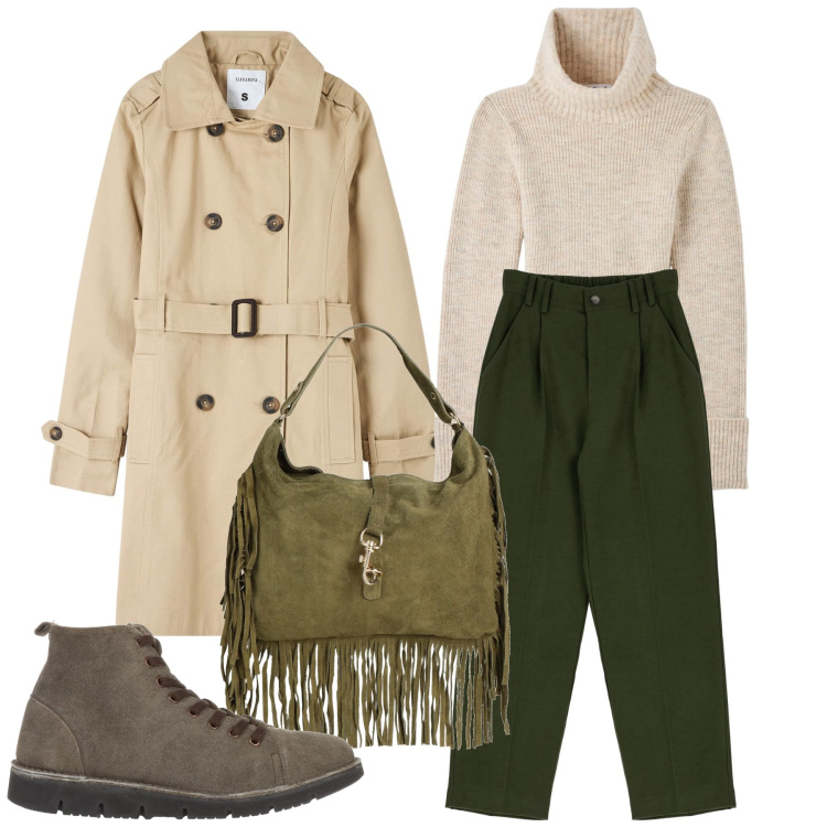 Outfit donna - Inverno comfy. Stile Basic per Tutti i giorni. Abbinamento con borse a mano, stivaletti, trench, maglieria, pantaloni.