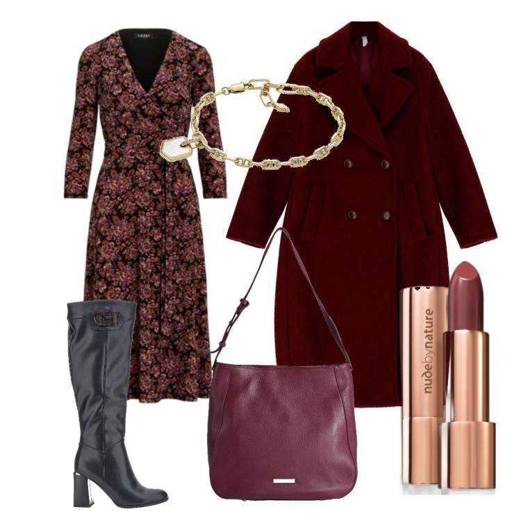 Outfit donna - Il cappotto color Borgogna. Stile Bon Ton per Tutti i giorni. Abbinamento con borse a spalla, braccialetti, rossetti, cappotti, vestiti, stivali.