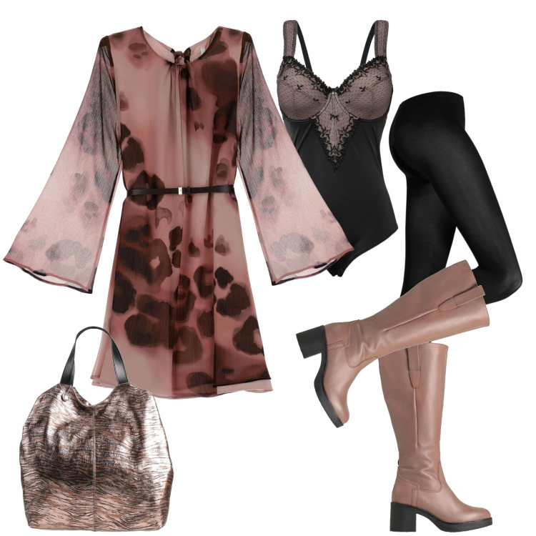 Outfit donna - Bellissima per il compleanno. Stile Glamour per Serata fuori. Abbinamento con body, collant, stivali, borse a mano, vestiti corti.