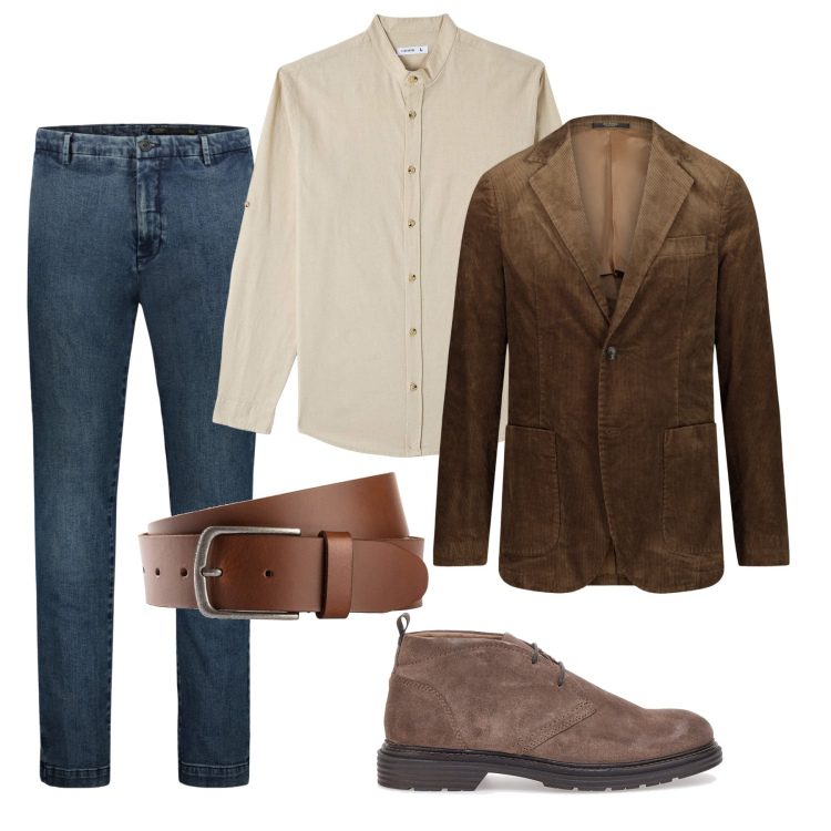 Outfit uomo - La giacca in velluto. Stile Casual per Ufficio. Abbinamento con cinture, camicie, giacche, scarpe stringate, jeans.