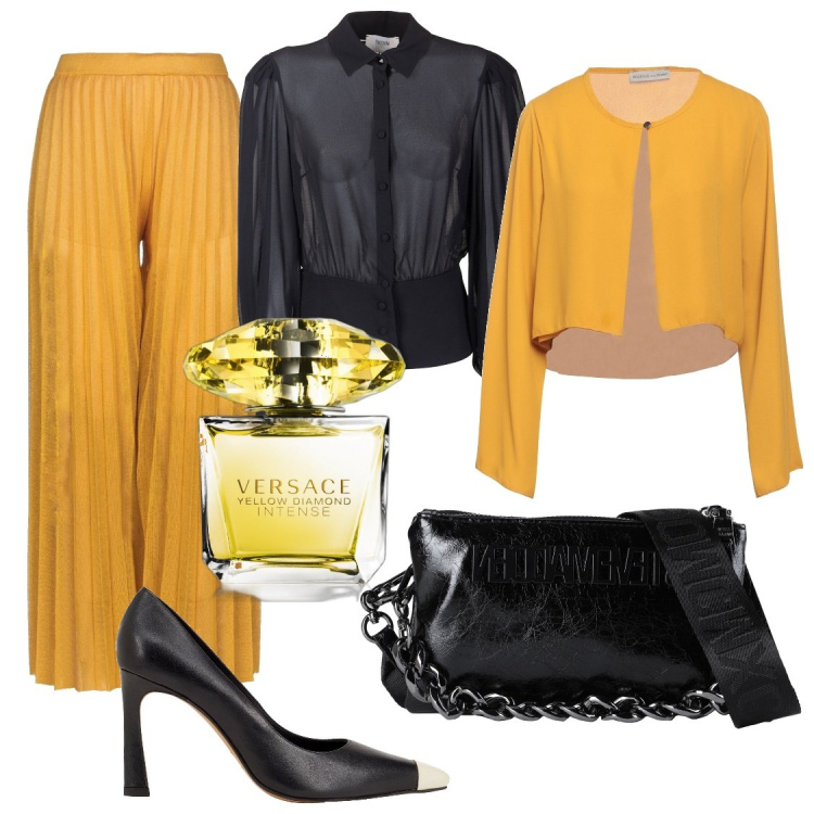 Outfit donna - Il pantalone plissettato. Stile Chic per Cerimonia. Abbinamento con borse a tracolla, pantaloni, cardigans, décolleté, profumi, bluse.