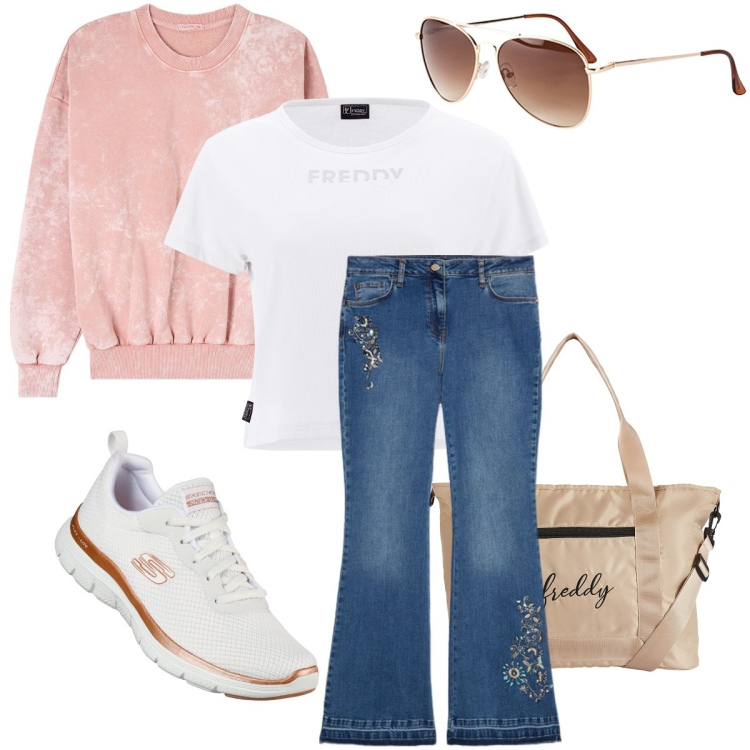 Outfit donna - La felpa in ciniglia. Stile Casual per Tutti i giorni. Abbinamento con occhiali da sole, felpe, t-shirt, borse tote, sneakers, jeans.