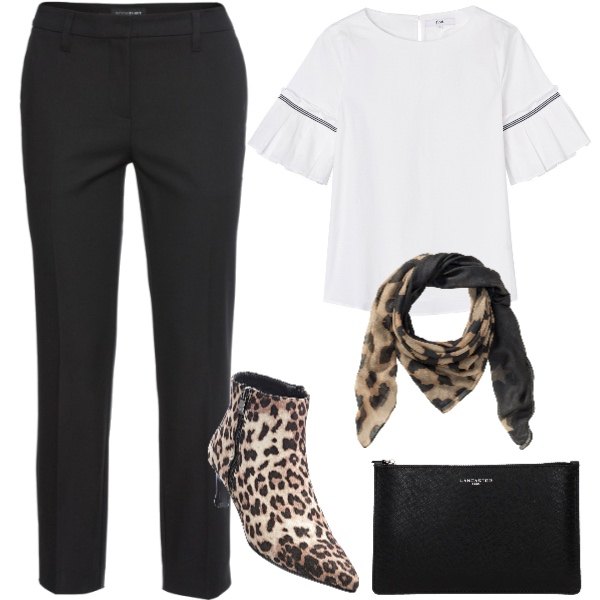 Outfit donna - Basic #16315. Stile Basic per Tutti i giorni. Abbinamento con pantaloni, tronchetti con zip grigio, sciarpa copricapo animalier nero, pochette con logo frontale nero, camicia maxi con scollo a maniche corte con volant e orlo avorio e bianco.