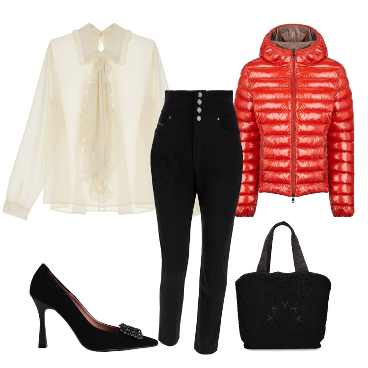 Outfit donna - In ufficio. Stile Casual chic per Ufficio. Abbinamento con décolleté, camicie, pantaloni skinny, blazer, shopping bag.