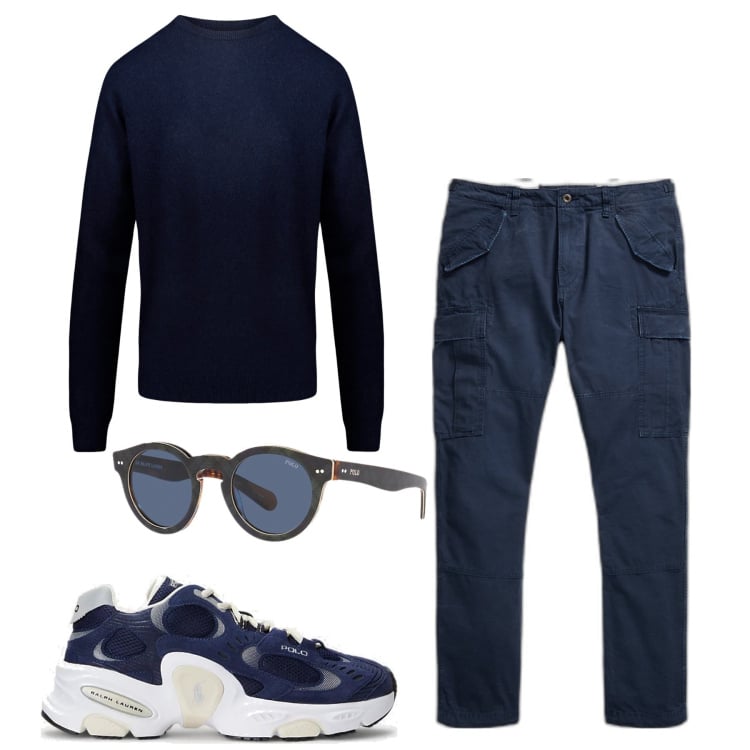 Outfit uomo - Inverno basic. Stile Casual per Tutti i giorni. Abbinamento con occhiali da sole, pantaloni cargo, sneakers, maglieria.