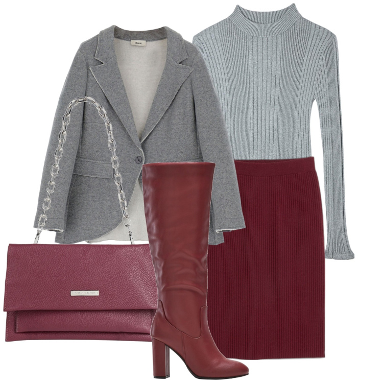 Outfit donna - Inverno in rosso. Stile Bon Ton per Ufficio. Abbinamento con gonne, stivali sopra il ginocchio, borse a mano, maglieria, cappotti.