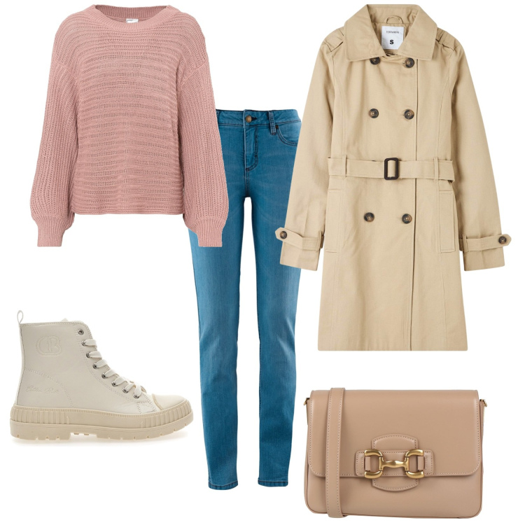 Outfit donna - Una giornata qualsiasi. Stile Casual per Tutti i giorni. Abbinamento con maglieria, jeans skinny, borse a tracolla, trench, stivaletti.