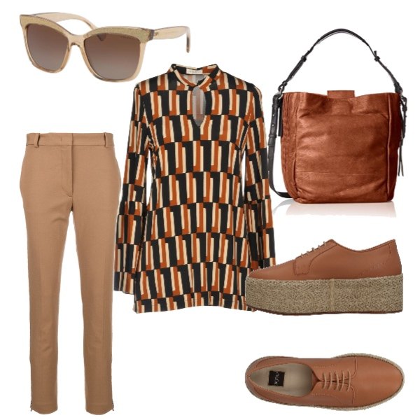 Outfit donna - Che stile. Stile Urban per Tutti i giorni. Abbinamento con t-shirt senza tasche fantasia multicolore collo coreana a maniche lunghe jersey, scarpe stringate stringate flatform con punta tonda in pelle con zeppe tinta unita, pantalone marrone, occhiali da sole, borsa a spalla.