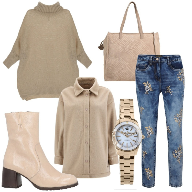 Outfit donna - Jeans con ricamo. Stile Casual chic per Tutti i giorni. Abbinamento con jeans, orologi, borse a mano, stivaletti, maglieria, cappotti.