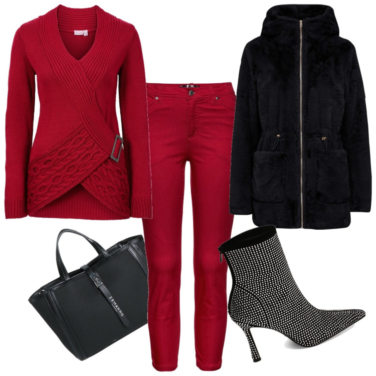 Outfit donna - Sparkling Dahlia. Stile Glamour per Tutti i giorni. Abbinamento con pantaloni, ecopellicce, maglieria, borse a mano, stivaletti.