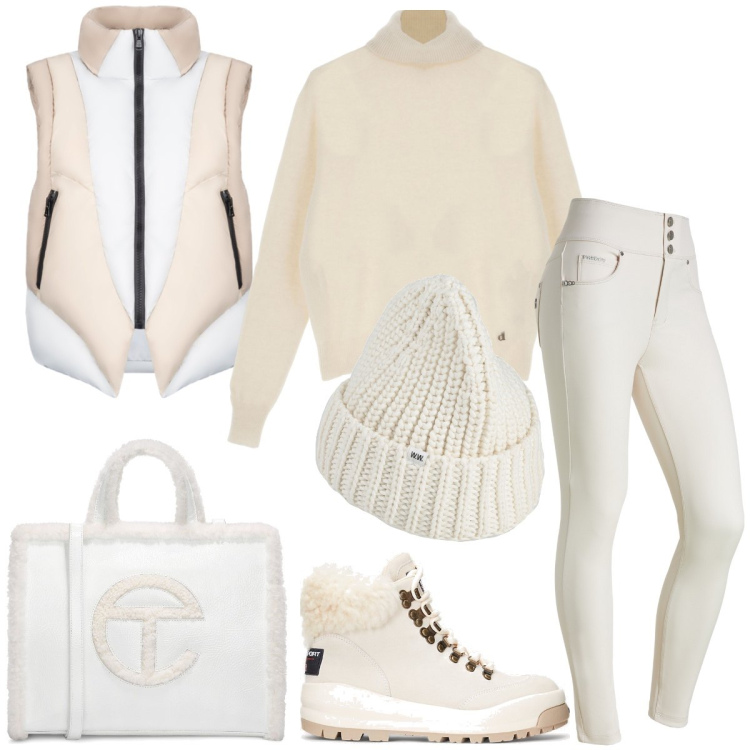 Outfit donna - Giornata in montagna. Stile Sporty chic per Tutti i giorni. Abbinamento con cappelli, pantaloni skinny, maglieria, stivaletti, piumini, shopping bag.