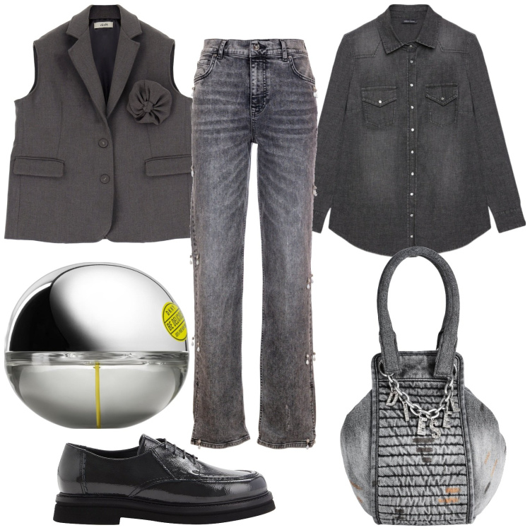 Outfit donna - Denim effetto trendy. Stile Trendy per Serata fuori. Abbinamento con borse a mano, scarpe stringate, profumi, jeans dritti, gilet, camicie.