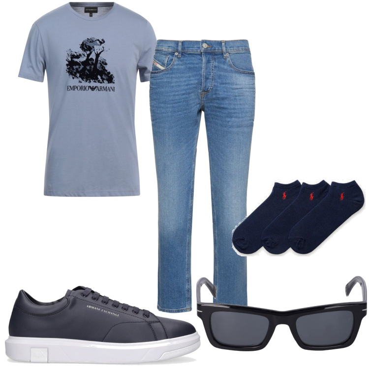 Outfit uomo - Blu Jeans. Stile Casual per Tutti i giorni. Abbinamento con t-shirt, calzini, occhiali da sole, jeans, sneakers.