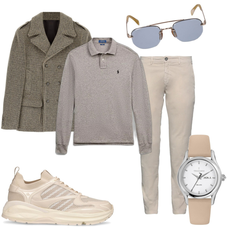 Outfit uomo - In beige con giubotto e sneaker. Stile Trendy per Tutti i giorni. Abbinamento con pantaloni, orologi, cappotti, polo, occhiali da sole, sneakers.